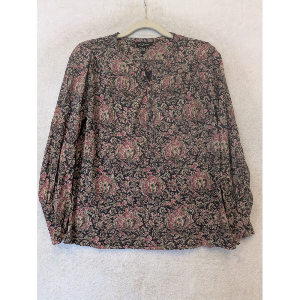 Lucky Brand Top Women's XS Navy‎ Blue Paisley Long Puff Sleeve V-Neck Henley